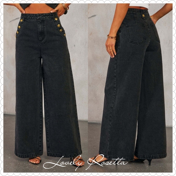 Classic Button Accent High Waist Wide Leg Jeans - Picture 6 of 9
